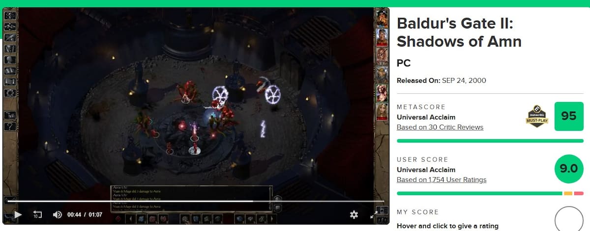Baldur's Gate II Metacritic
