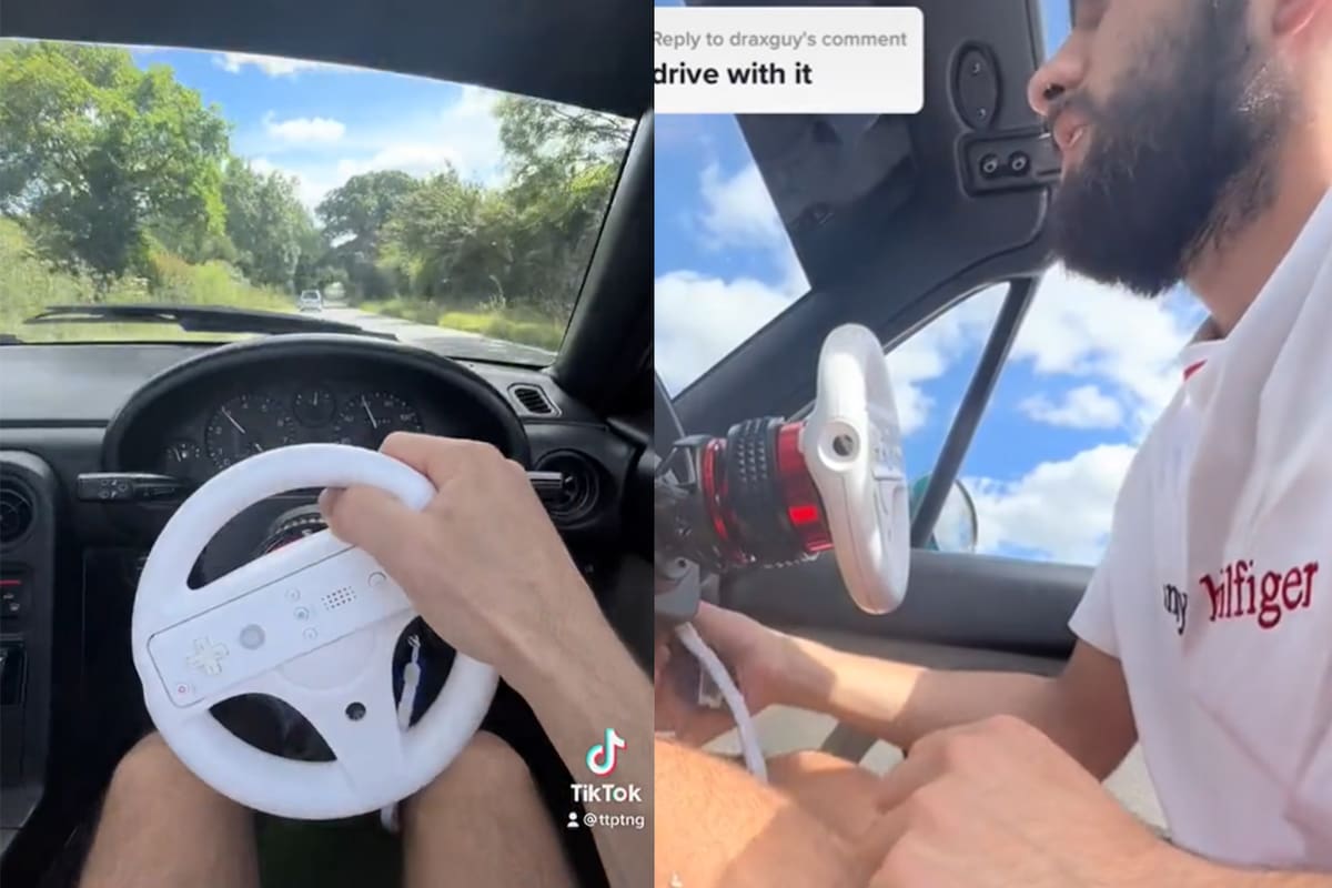 No es broma: tiktoker utiliza el volante del Nintendo Wii para conducir su auto