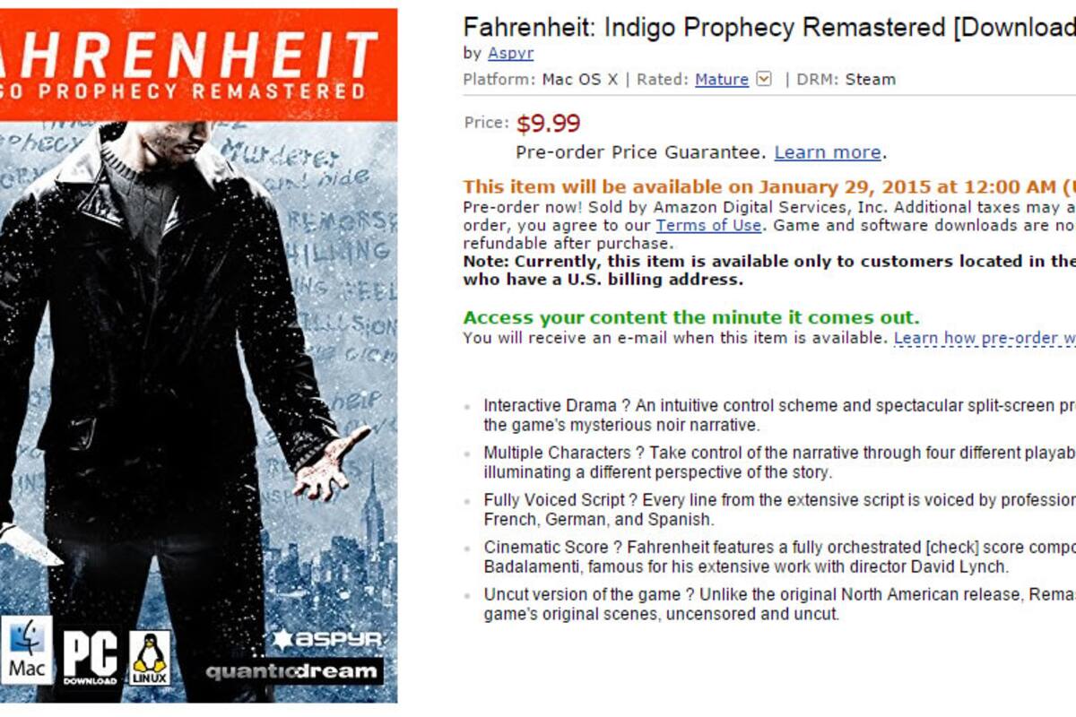 Amazon filtra versión remasterizada de Indigo Prophecy