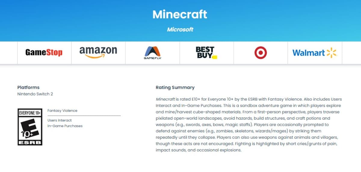 Minecraft ESRB Switch 2