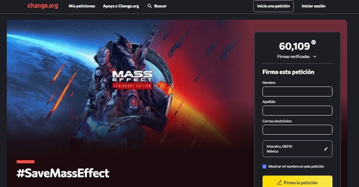 Petición Mass Effect Change.org
