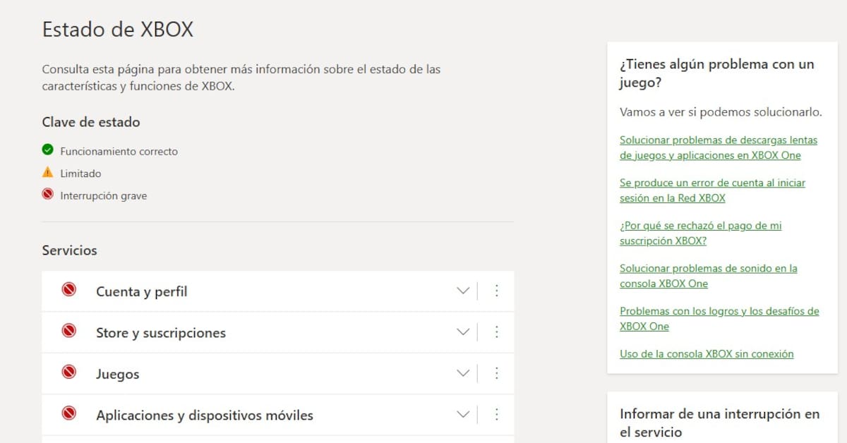 XBOX servicios fallan